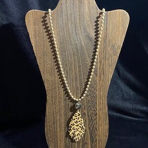 Leopard Print Leather Pendant with Gold Bead Necklace